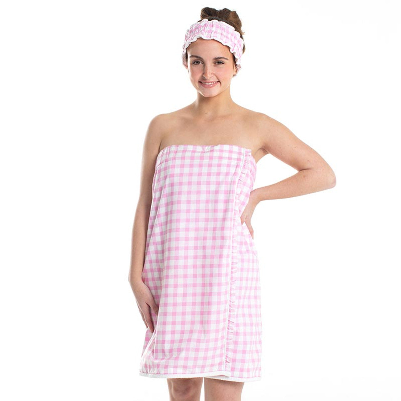 Pink Gingham Spa Wrap and Headband Set | Bath Body Towel Shower
